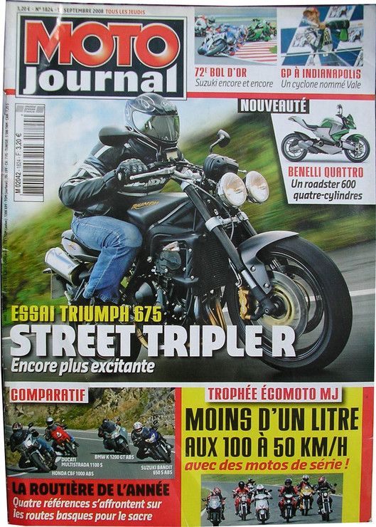 moto journal du 18 septembre 2008 -  N° 1824 : triumph 675 street tripler/ducati multistrada 1100 s/bmw k 1200 gt abs/suzuki bandit 650 abs/honda cbf 1000 abs ...