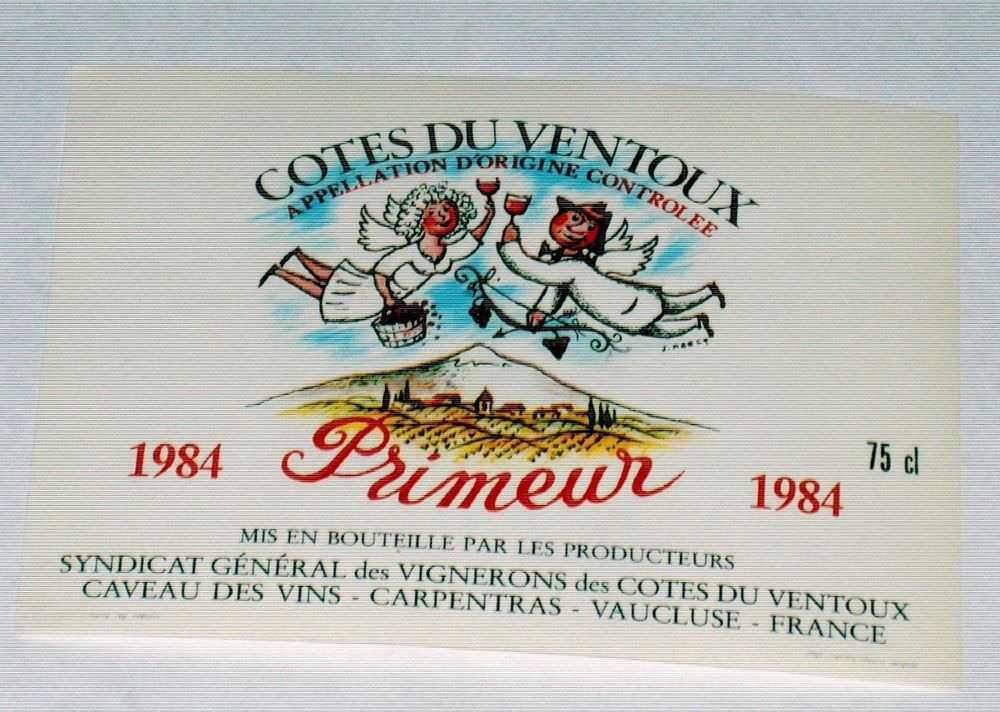 ETIQUETTE ANCIENNE COTES VENTOUX 1984 DESSIN AMOUREUX DE J MARCQ ARC FLECHE VERRE VIN PANIER MONT