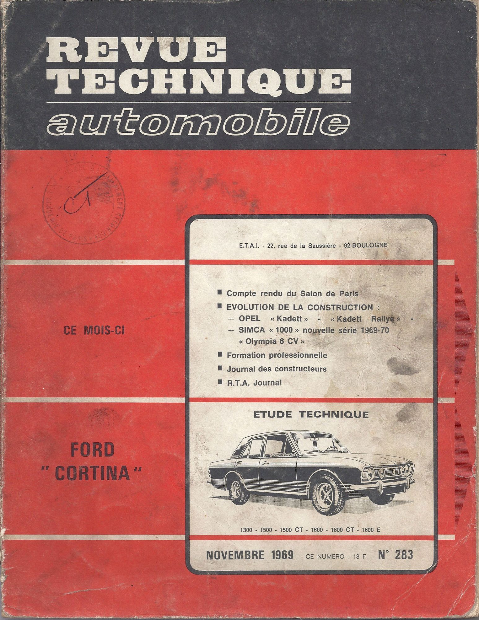 Rta n° 283 - Ford Cortina - Evolution Opel Kadett et Simca 1000 - Nov 1969