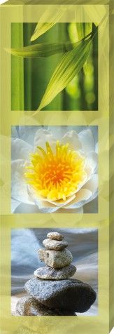 Motivation Poster Reproduction Sur Toile, Tendue Sur Châssis - Tryptique Zen, Bambou, Fleur De Lotus Et Pierres En Équilibre (120x40 cm)