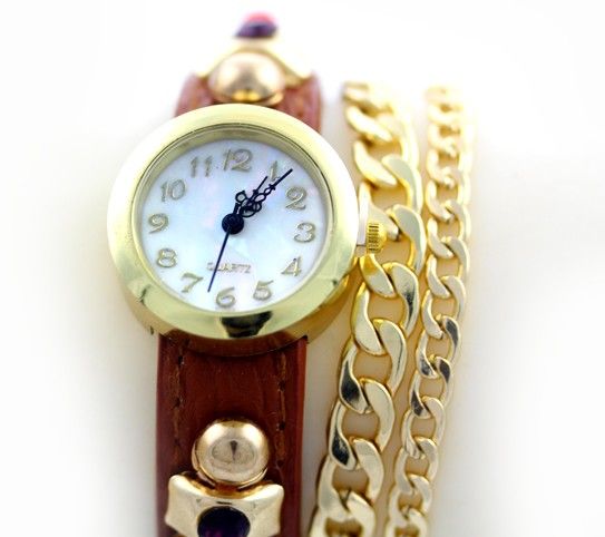 Montre Bijou Femme Fille Fashion Tendance Clubing Bling Swag - Gem + Double Chaine - Bracelet Simili Cuir noir