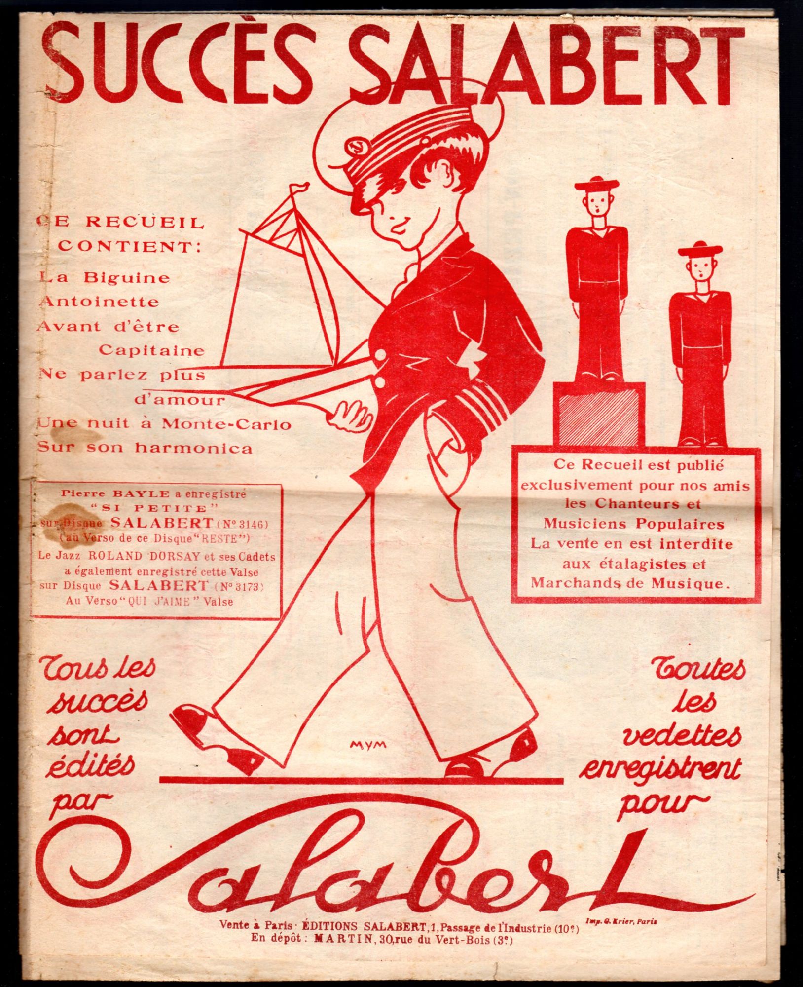 Succès Salabert, "La biguine, Antoinette, Avant d'être capitaine, Ne parlez  plus d' amour,  Une nuit à Monte-Carlo, Tout nous charme."