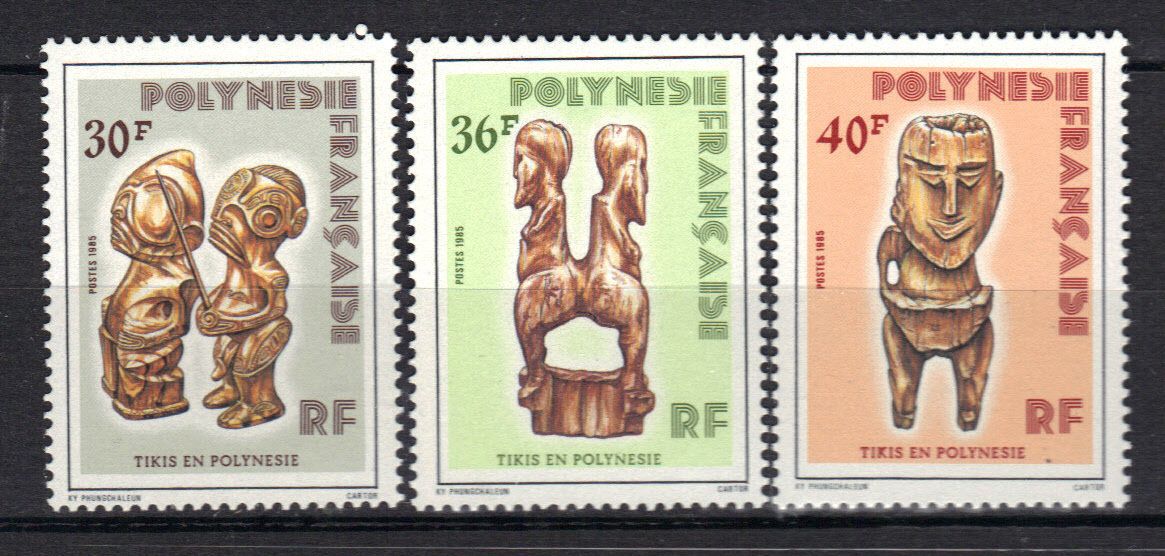 POLYNESIE 1985 : Tikis en Polynésie : Statuettes de bois - Série entière de 3 timbres NEUFS **