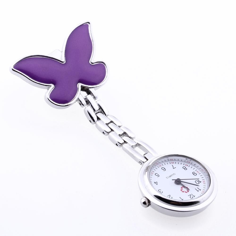 Montre Infirmière Violet Mouvement à Quartz Forme Papillon Attache Epingle