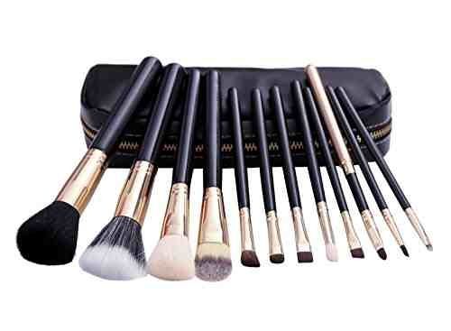 Set De 12 Maquillage Pinceaux - Poils De Chèvre Et Nylon, Virole En Aluminium, Manche En Bois Naturel, Sac Similicuir Noir