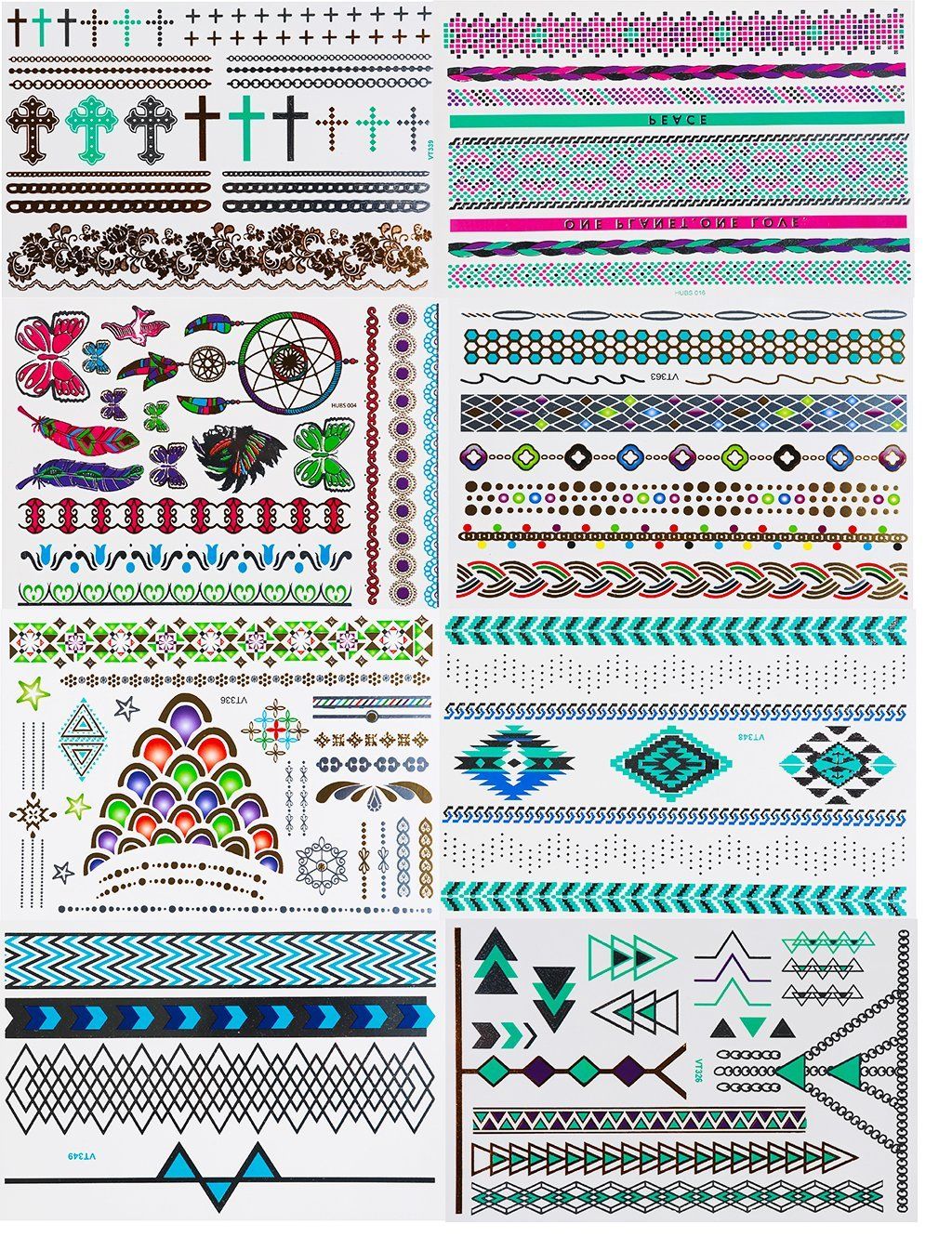 NOVAGO 8 Planches 21 x 10 cm de Tatouages éphémères métalliques brillants , motifs variés