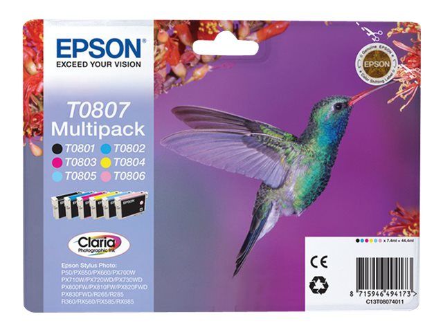 Epson T0807 Multipack Cartouches Noir, Jaune, Cyan, Magenta, Magenta clair, Cyan clair
