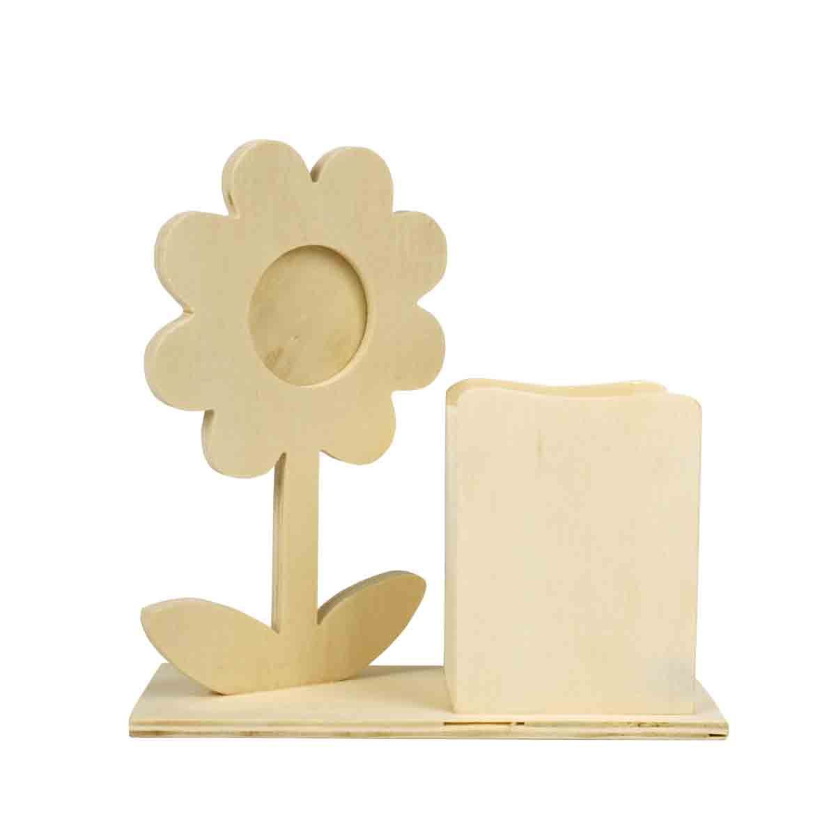 Pot à crayons avec fleur bois 14 x 14 x 6 cm - MegaCrea