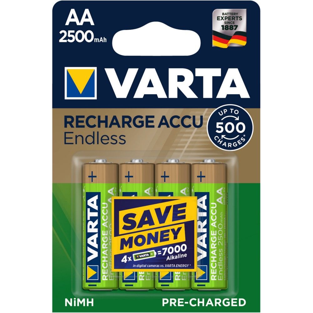 Lot de 4 piles rechargeables VARTA accu Endless AA 2500 mAh