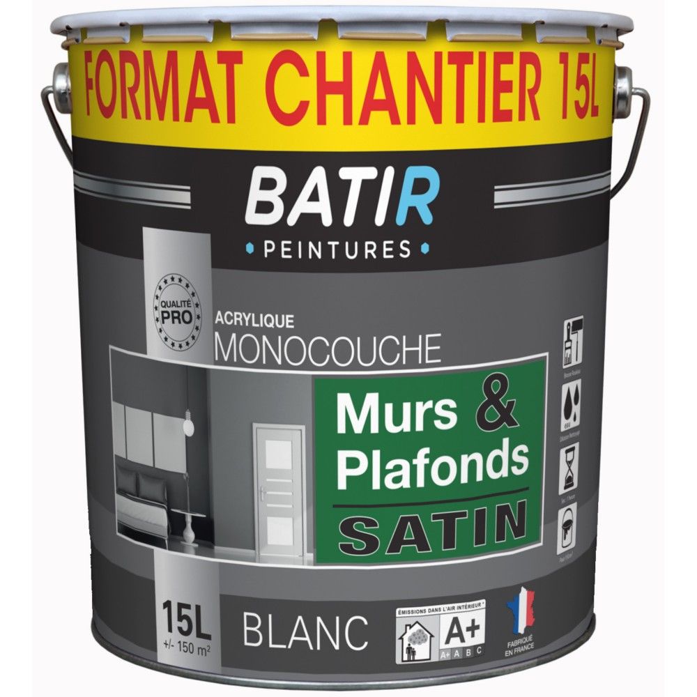 Peinture acrylique Batir pour mur et plafond satin blanc 15 L