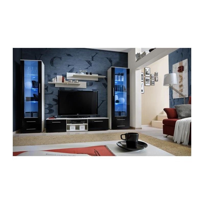 Ensemble de meuble de salon GALINO C, coloris blanc et noir brillant. Meuble moderne et tendance pour votre salon.