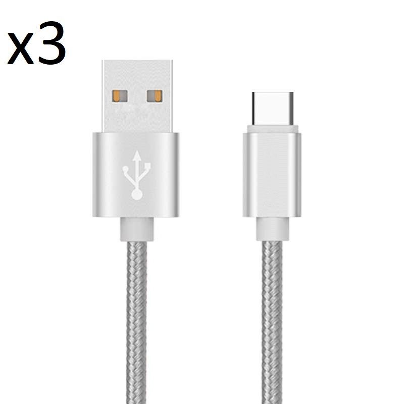 Pack de 3 Cables Metal Nylon Type C pour JBL FLIP 5 Smartphone Android Chargeur Connecteur - ARGENT
