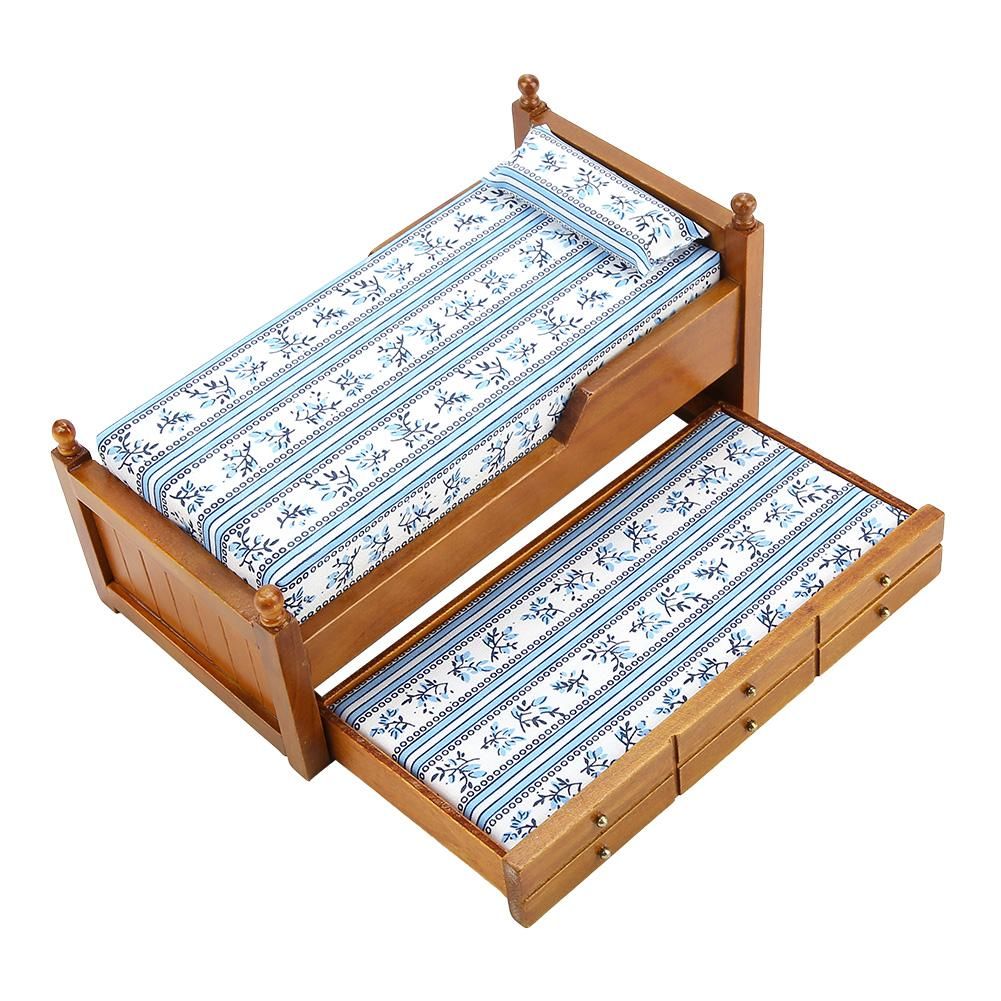 1:12 Mini Jouet Lit Meuble en Bois Maison de Poupée Favori de Fille avec Tiroir Coulissant Brun-DBT