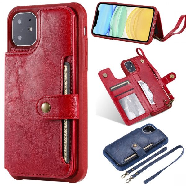 Coque Pour iPhone 11 boucle étui de protection antichoc fermeture à glissière avec titulaire et fentes cartes et porte-monnaie et cadre photos Rouge