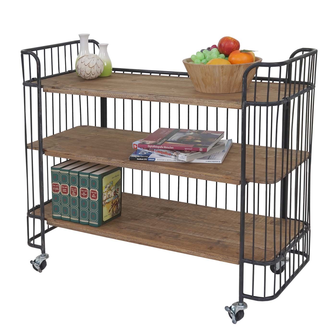 Desserte HWC-A43, chariot, table roulante, sapin, bois massif, vintage 84x98x36cm