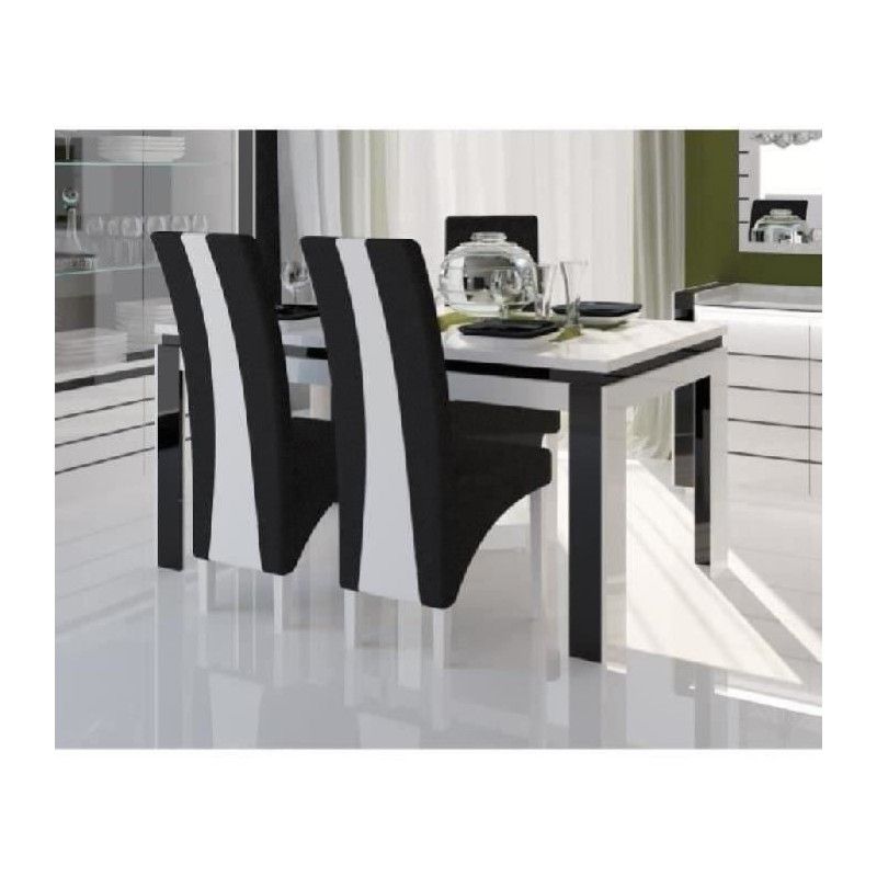 Table 160 cm + 4 chaises LINA. Table pour salle à manger laquée blanche et noire avec 4 chaises