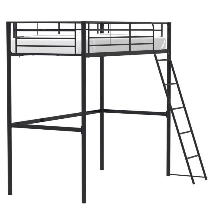 Lit mezzanine 90 x 190 cm en métal - Noir - Sommier inclus - ELIOT
