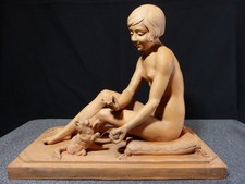 René ROD sculpture statue en biscuit de terre cuite nu féminin femme nue chat