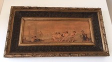 Tableau ancien chromo enfants tirant un voilier Publicitaire XIX