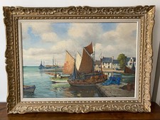 HUILE SUR TOILE SIGNEE YVES MADEC (1933-2020) CHALUTIERS AU PORT DE CONCARNEAU