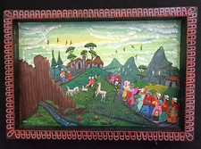 Tableau naïf équatorien, huile sur peau, signé, 30x20,5cm