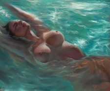 femme nue nageant sur le dos dans la piscine dessin original 23 x 28  PASTEL AKT