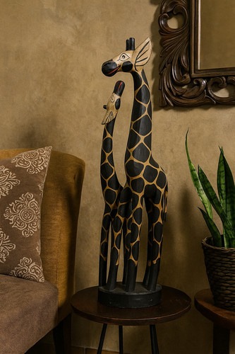 Statue bois girafe maman et - girafe,