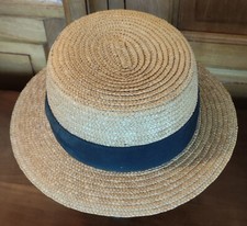 Ancien Chapeau Canotier Paille Ruban Noir Accessoire Costume D Epoque Vintage