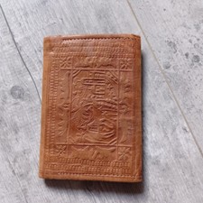 Portefeuille vintage porte monnaie cuir marron naturel 1980 motif marocain