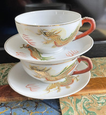 2 tasses porcelaine fine Japon Kutani Maruku dragon geisha en lithophanie