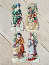Lot de 4 Anciens Découpis / Chromo Père Noël Traineaux cadeaux 1900