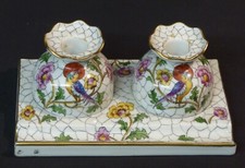 AA 1930 joli encrier double en porcelaine fine ancienne 21cm680g porte-plume 