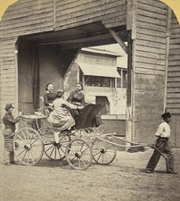 Scène artistique Trois femmes sur une carriole Photo c1860 Stereo Vintage 