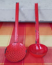 Louche + Écumoire En Tôle Émaillée Ancien Rouge