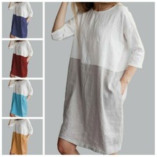 Femme Lin Coton Robe Contraste