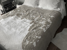 Linge Ancien Rideau Lin Bi Brodé Richelieu Feuille De Vigne Rare  Napoleon lll