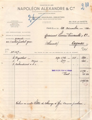 Facture 1940 imprimeurs - facture,