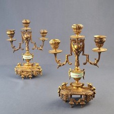 Paire De Chandeliers à Trois Bras De Lumière En Bronze Et Porcelaine Du XIXème