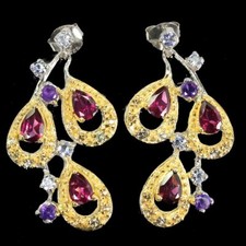 925 Argent Sterling Boucles Poire Rhodolite Améthyste Tanzanite Gemme Bijoux