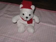 peluche, ourson blanc, bonnet & écharpe bordeaux TBE peut être suspendu