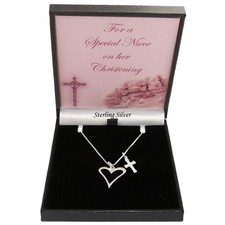925 Argent Sterling Croix Collier Coeur, Filles Baptême Cadeau, Filleule