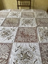 ANCIENNE NAPPE RECT 163 x 206 cm ÉCRU BRODÉE CARREAUX CROCHET BORD DENTELLE