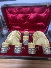 ANCIEN SET DE 6 TASSES + SOUCOUPES PORCELAINE COALPORT & SUPPORT ARGENT XIXeme