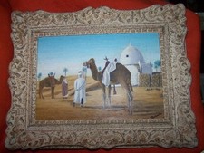 tableau SCENE ORIENTALE DROMADAIRE NOMADES DESERT CADRE XXEME