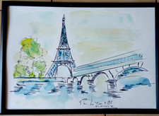 PARIS LA TOUR EIFFEL AQUARELLE  ART TABLEAU PEINTURE  SIGNE JUMEAUX JEAN PIERRE