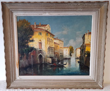 ancienne huile sur toile tableau signé Léo Fontant Venise goncole sur le canal