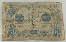 Billet 5 francs bleu Banque de France Duval ancien rare early blue banknote WWI