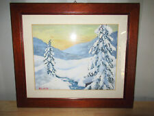 TABLEAU ANCIEN PEINTURE-PAYSAGE DE NEIGE MONTAGNE-CADRE BOIS