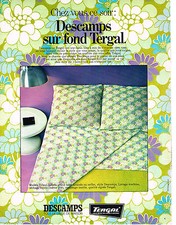 PUBLICITE   1970   DESCAMPS  draps  modèle tilleul sur fond Tergal