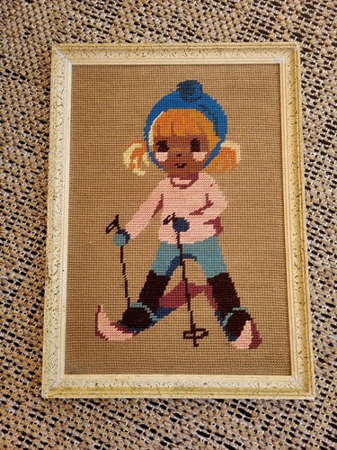 Ancien canevas cadre fille ski - canevas,